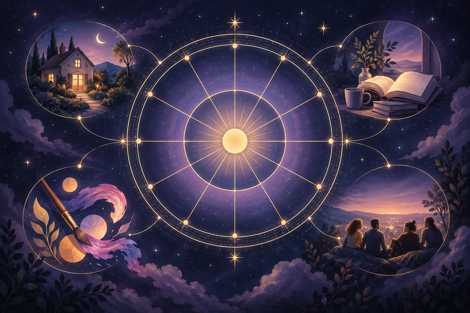 A golden celestial wheel surrounded by a home, open books, a paintbrush, and a group of friends