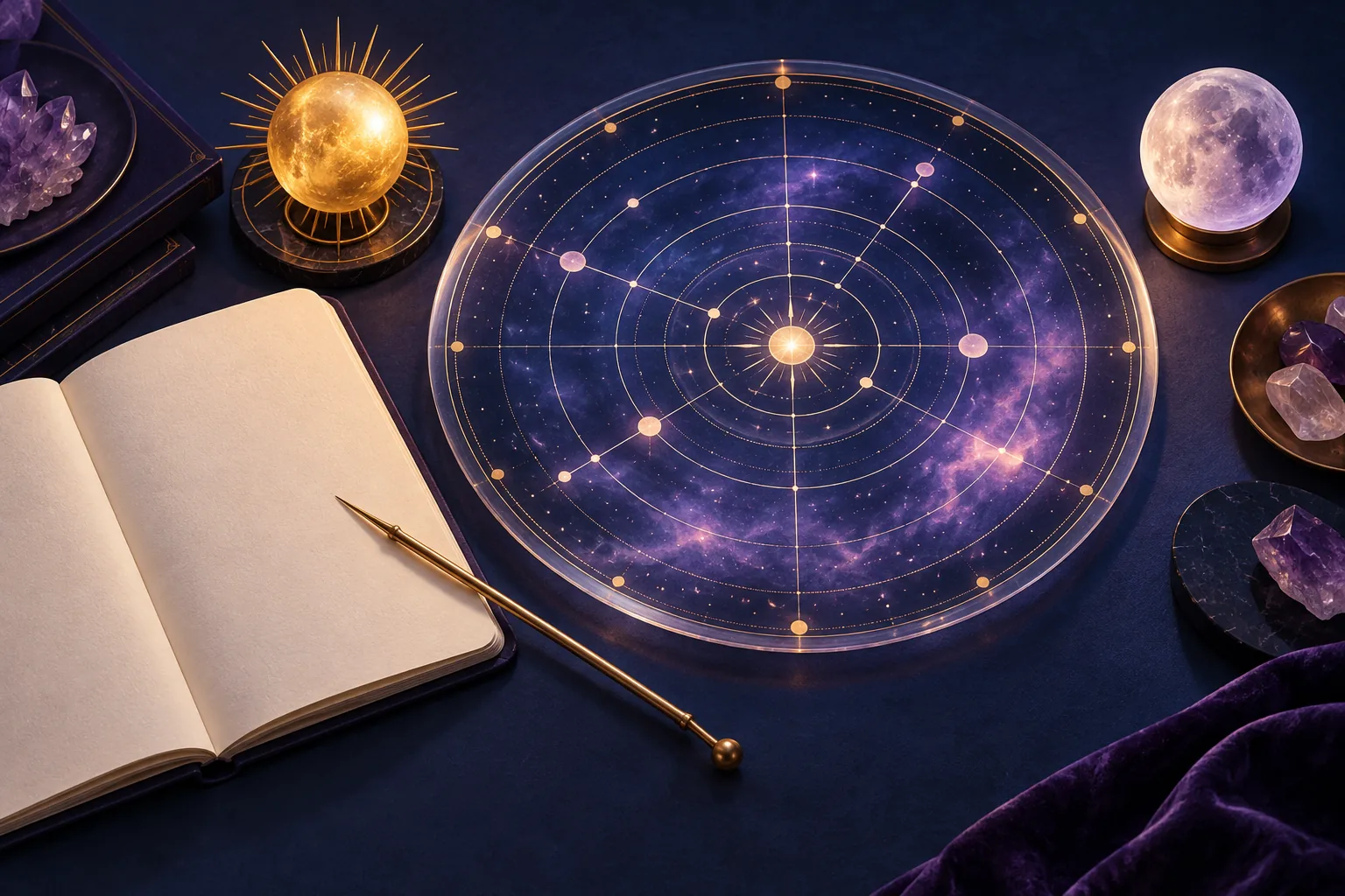 A luminous circular celestial map beside a blank notebook, brass pointer, and golden Sun and pearly Moon spheres