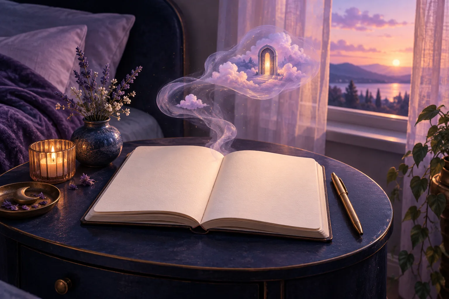 An open blank notebook and brass pen on a bedside table, with a misty doorway floating above the pages in lavender dawn light