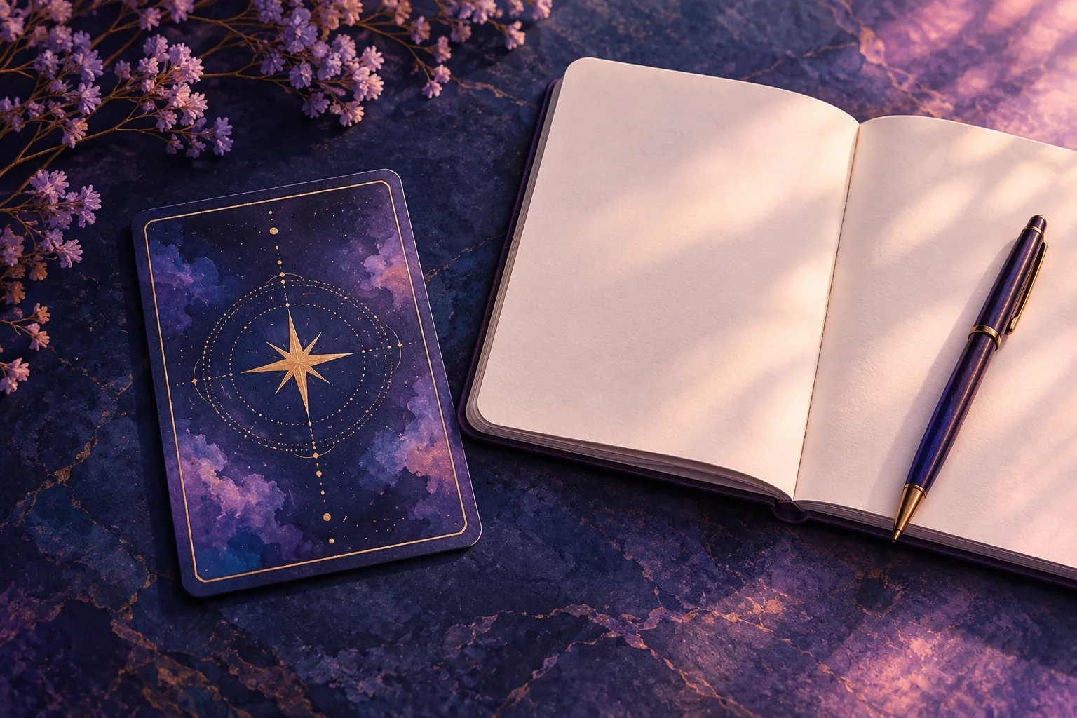 A face-down star-patterned oracle card beside an open notebook and pen in soft violet light