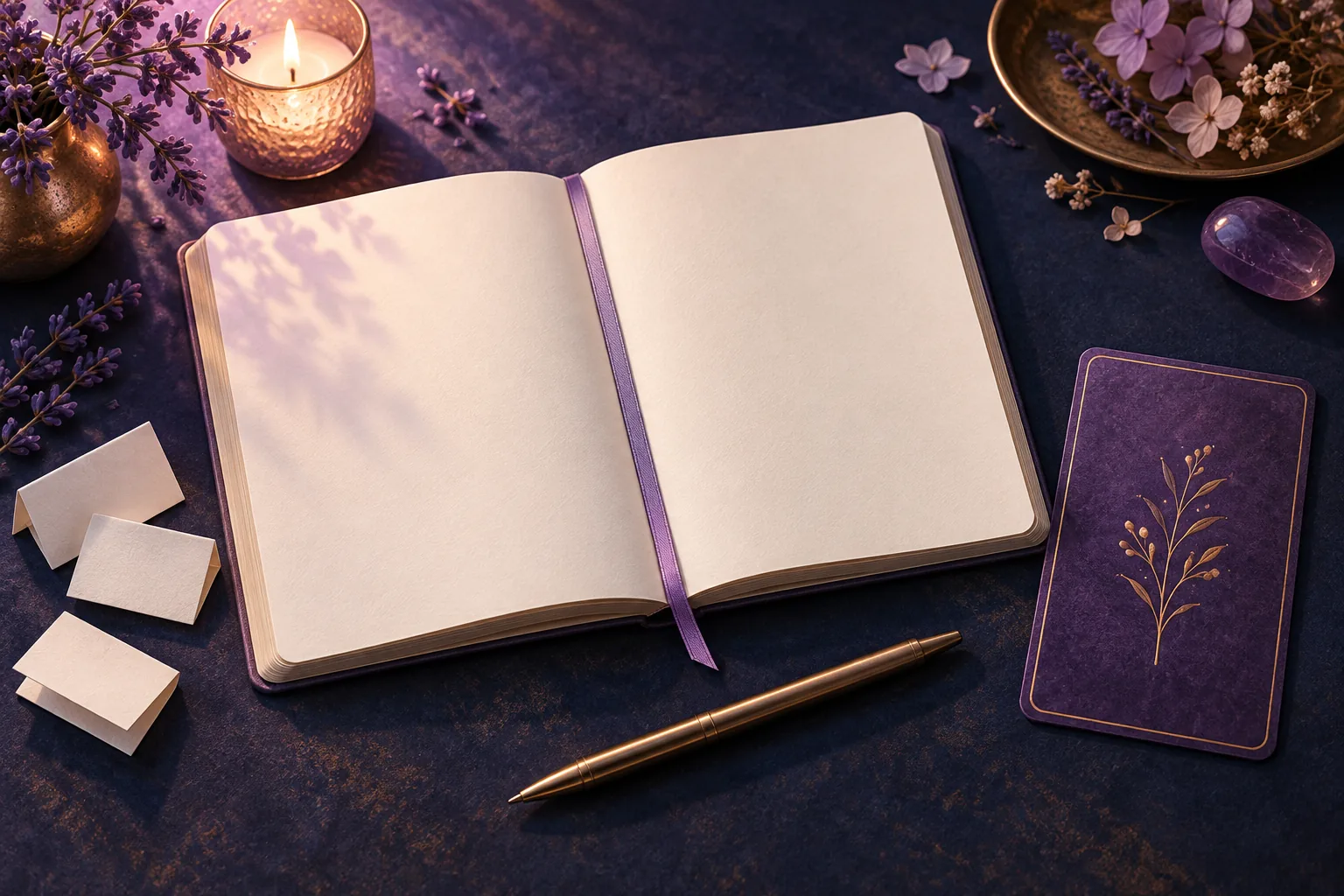 An open blank notebook, brass pen, and violet oracle card with a gold botanical design