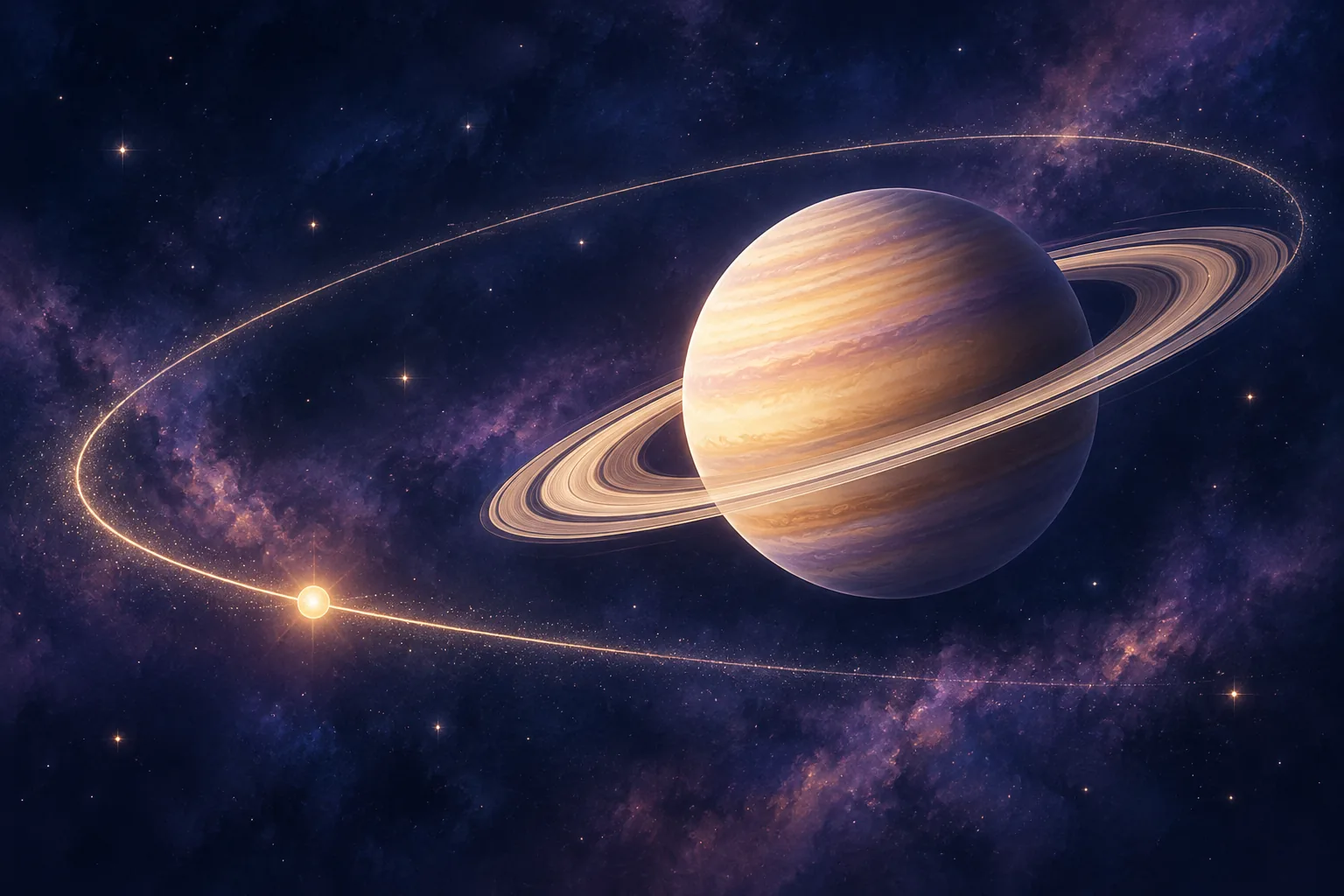 A golden ringed Saturn beside a sweeping light trail and luminous marker against a navy and violet sky