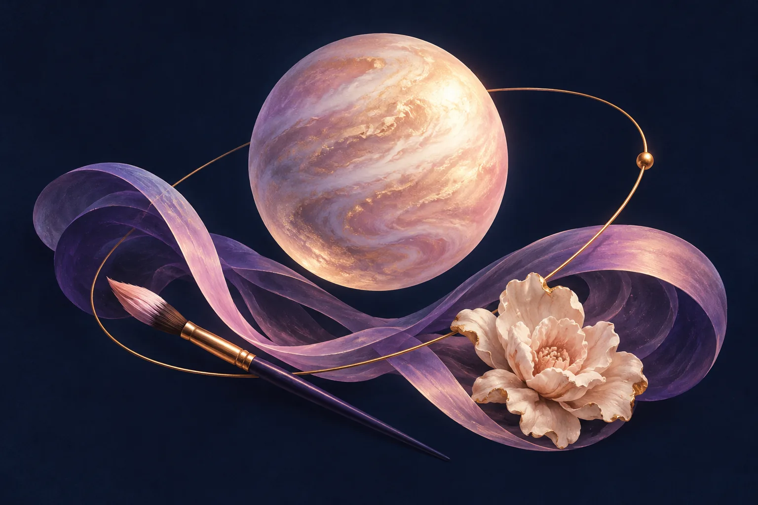 A pearly planet above intertwined lavender ribbons, a painter's brush, and a sculptural flower joined by a gold arc